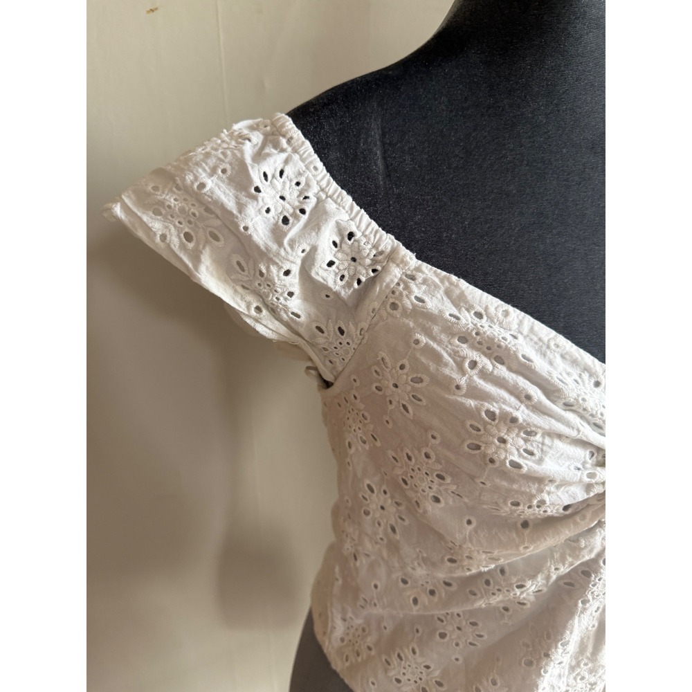 White Eyelet Lace Tie Front Crop Top Smocked Back Boho milkmaid Regencycore - Picture 3 of 12